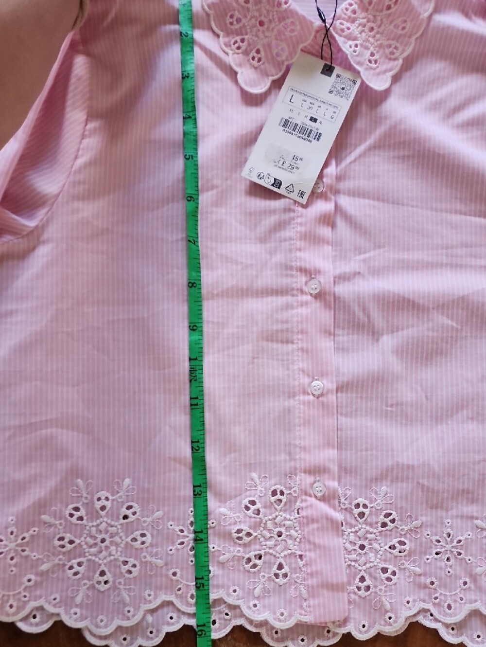 NWT! Zara Light Pink Pinstripe Cropped Eyelet Collared Blouse - Picture 6 of 8